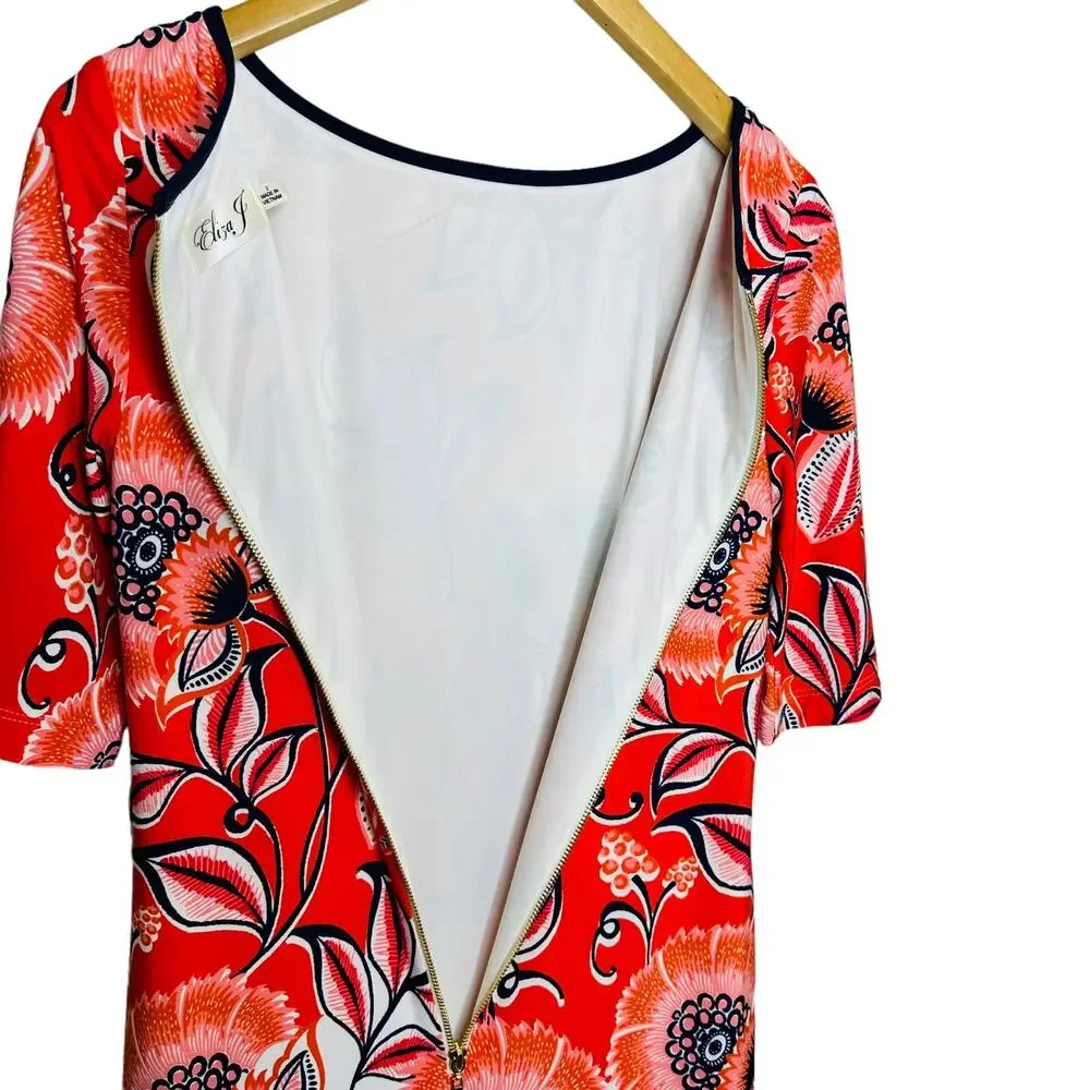 Eliza J Short Sleeve Red Orange Navy Big Floral Sheath Dress Size 2 - Picture 9 of 12
